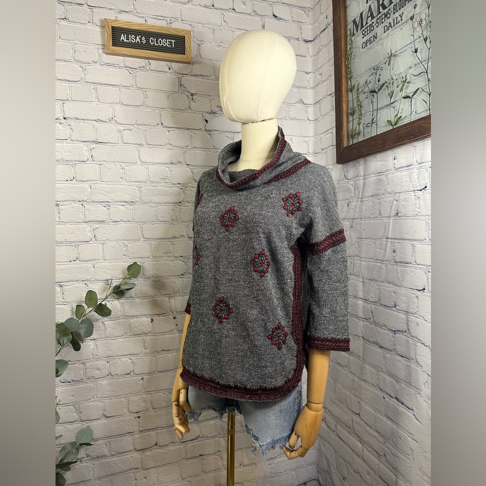LUCKY LOTUS BRAND Sweater Embroidered Knit Pullover Cowl Neck